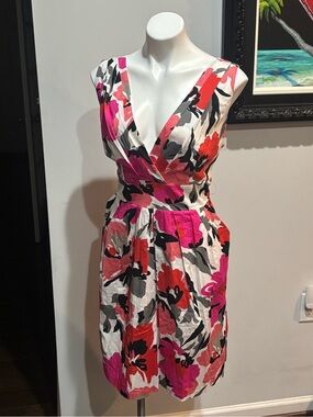 Corey P Floral V-Neck Sleeveless Dress in White, Pink & Red Missing Belt NWT